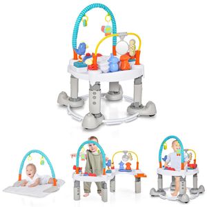 COSTWAY 4 in 1 Baby Spielzentrum, Spielmatte & Lauflernhilfe & Aktivitätstisch mit 3 verstellbaren Höhen, Spielzeugstange & Spieluhr, 360° drehbarer Hüpfstuhl Jumperoo klappbar für 0-24 Monate (Grau)