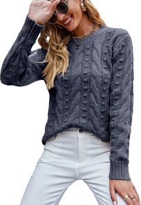 ASKSA Damen Elegant Pullover Casual Langarm Strickpullover Grobstrick Pulli Sweatshirt Oberteile, Dunkelgrau, M