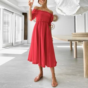 Damen Süßes Einfarbiges Schulterfreies Kleid Rüschen Sommer Midikleid,Farbe:Red,Größe:L