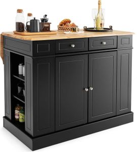 COSTWAY Kücheninsel,Küchenschrank mit erweiterbarer Arbeitsplatte, Schubladen, Seitenregalen und 2 Ebenen Staufach, 120 x 91 x 92 cm (Schwarz)