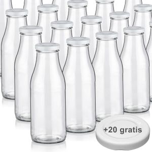 Milchflaschen 0,5L Smoothie Saft Flaschen 500ml leere Glasflaschen Deckel BPA frei, 20 Milchflaschen mit 40 Deckeln