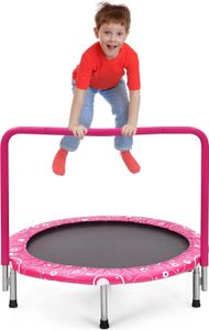 KOMFOTTEU mini trampolina dla dzieciφ92cm, składana trampolina dla dzieci, trampolina fitness z uchwytem i osłoną bezpieczeństwa, trampolina ogrodowa do 150 kg, trampolina do skakania wewnątrz i na zewnątrz
