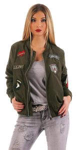 Damen Bomberjacke Jacke mit Patches Übergangsjacke; Khaki M/L