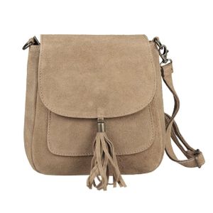 Italy DAMEN LEDER TASCHE Messenger Bag Henkeltasche Wildleder Handtasche Umhängetasche Ledertasche Schultertasche Beuteltasche Fransen Cross-Over Taupe (Hell)