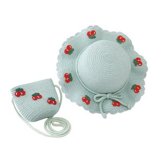 Kirschdekor Spitzenbesatz Hut mit breiter Krempe, Taschenset für Babys, atmungsaktiver Strohhut, Handtasche, Kleidungszubehör, Seeblau