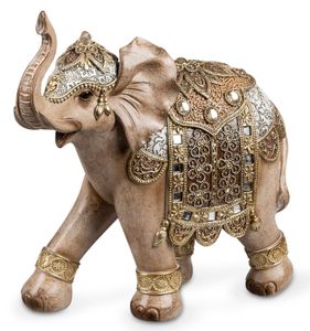 Dekofigur Elefant naturfarben bemalt mit Relief und Acryl-Steinen 17x19cm Figur Afrika Tierfigur