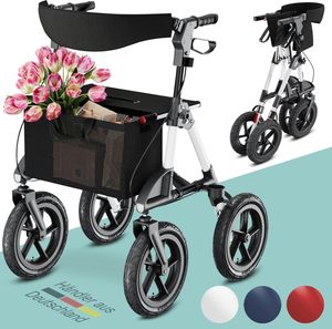 Rollator faltbar und leicht mit Sitz, Outdoor Rollator mit Luftbereifung inkl. Sitzfläche, Rückengurt, höhenverstellbare Gehhilfe aus Aluminium