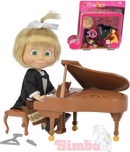 SIMBA Mascha und der Bär Klavierspielerpuppe 12cm Set mit Klavier und batteriebetriebener Triangel