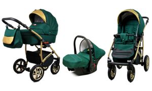 BabyLux® Gold Lux | Kočík 3v1 Bambimo | Fľaša zelená | Kombinovaný kočík | Set kočík + prenosná postieľka + autosedačka / kolíska do auta