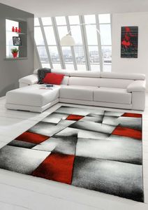 Designer Teppich Moderner Teppich Wohnzimmer Teppich Kurzflor Teppich mit Konturenschnitt Karo Muster Rot Grau Weiß Schwarz Größe - 120x170 cm