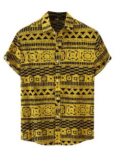 Herren Hemden Baumwolle Shirts Button Down Sommer Freizeithemd Hawaiian Tee T-Shirt Gelb,Größe XXL