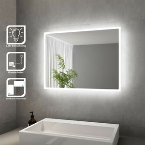 SONNI Badspiegel mit LED Beleuchtung energiesparend IP44 Kupfer/bleifreie Spiegel Mattiertes Lichtband(Ränder) Wandspiegel 80 x 60cm