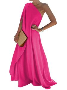Damen Sommer Mode Elegantes Abendkleider Solid Komfortabel Lose Eine Schulter Lange Kleid Rosenrot,Größe L