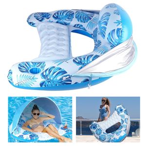 Aufblasbare Pool Luftmatratze mit 2 Getränkehaltern und Sonnendach, Schwimmsessel für Erwachsene mit Rückenlehne, komfortabel & UV-Schutz