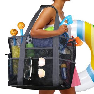 Große Mesh Strandtasche Beach Bag mit 4-Taschen Wiederverwendbare Schulter Handtasche Urlaub Reise Umhängetasche