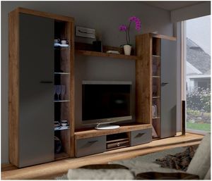Rumba XL Schrankwand Anbauwand Wohnzimmer Grau + Eiche Lefkas matt
