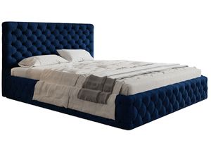 Polsterbett MIAMI-SLIM mit Kopfteil, 140x200 cm, Doppelbett mit Bettkasten und Lattenrost aus Holz, Velourstoff Dunkelblau