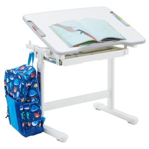 Kinderschreibtisch VITA in weiß/weiß höhenverstellbar und neigbar, Schreibtisch für Kinder mit Schublade, Tisch mit Rinne für Stifte und Rucksackhalterung