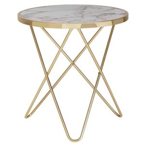 WOHNLING Design Beistelltisch Marmor Optik Weiß Rund Ø55 cm Gold Metallgestell, Kleiner Wohnzimmertisch, Couchtisch