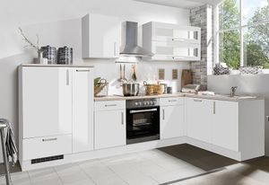 Winkel Eck Küche mit Glaskeramik Kochfeld und Geschirrspüler Premium 310 x 170 cm in Lack hochglanz weiß