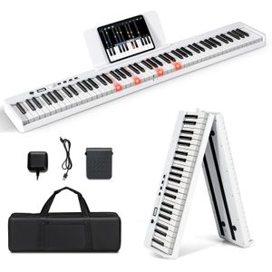 COSTWAY Klappbares E-Keyboard mit 88 beleuchteten Tasten in voller Größe, verbesserte Holzmaserung, Split-Funktion, 2 Lehrmodi, Digitalpiano mit dualer drahtloser Verbindung, MP3/USB/MIDI, Weiß