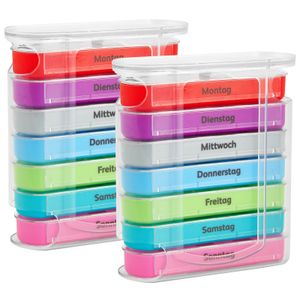 2x WELLGRO Tablettenbox für 7 Tage - je 4 Fächer pro Tag, 11,5 x 4,5 x 13 cm (BxTxH) - Farbe wählbar, Farbe:Bunt