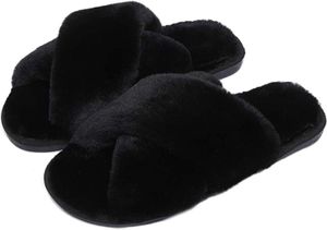 ASKSA Pantofle Dámské plyšové pantofle s kožešinou, pohodlné zimní teplé pantofle s otevřenou špičkou, černé, velikost: 42-43