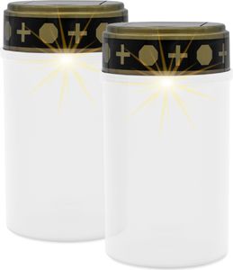 LED Solar Grablicht mit Flacker Effekt 2er Set - weiß - Künstliche Grabkerze warm weiß mit Erdspieß - Gedenkkerze Trauerkerze Grablaterne Friedhofskerze Grab Dekoration solarbetrieben wetterfest