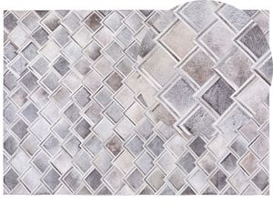 Teppich Grau Echtleder 160 x 230 cm Kurzflor Rauten Handgefertigt Rechteckig