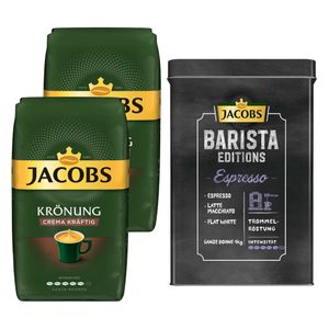 JACOBS Kaffeebohnen Krönung Crema kräftig 2 x 1kg ganze Kaffee Bohnen + 1 Aluminium Dose im Barista-Design