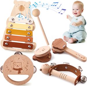 Lernspielzeug-Set, Musikspiel für Vorschulkinder, Hergestellt mit ungiftiger Farbe, Xylophon-Schlaginstrument, Entwickelt die Hand-Auge-Koordination und das Gehör, 5-teilig, Braun