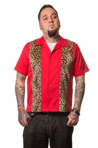 Steady Clothing Hemd Leopard Panel Rot Vintage Bowling Shirt Retro Rockabilly