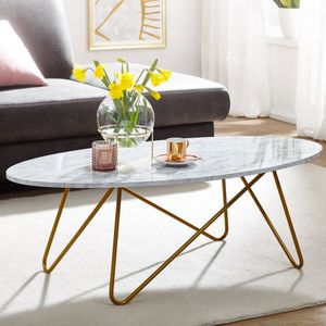 FineBuy konferenční stolek 120x40x60 cm s mramorovým vzhledem bílý, stůl do obývacího pokoje s kovovým rámem, rozkládací oválný stůl do obývacího pokoje, stolek do obývacího pokoje