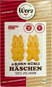 Werz 4-Korn Rübli Häschen Vollkornkekse glutenfrei -- 125g Werz 4-Korn Rübli Häschen Vollkornkekse glutenfrei -- 125g