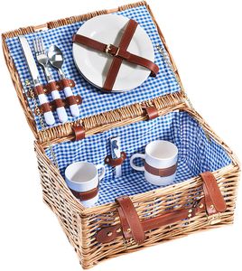 Picknickkorb Picknickkoffer -für 2 Personen- Weide - kariert blau - 36x27x18 cm
