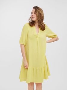 VERO MODA Damen Blusen Tunika Kleid Midi Halbarm Stretch Dress Knielang Locker Gerippt VMNATALI, Farben:Gelb, Größe:XS