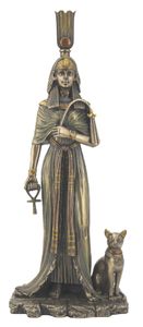 Kleopatra mit Basthet katze und Lebenskreuz Ankh Figur bronziert Ägypten Tut Ench Amun