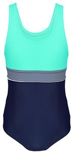 Aquarti Mädchen Badeanzug mit Ringerrücken, Farbe: 025 Dunkelblau / Grau / Grün, Größe: 158