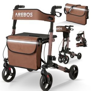 AREBOS Leichtgewicht Rollator, Rollatoren, 6-fach höhenverstellbar, bequeme Sitzfläche, Stockhalter, abnehmbare Einkaufstasche, zusammenklappbar, Braun