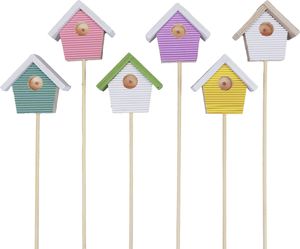 Frühlingsdeko Blumenstecker Vogelhaus bunt 6er Set 6,5cm