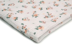 Baumwoll Musselin Stoff mit Aufdruck, Double Gauze, Beigefarbene Blumen 50 x 130 cm