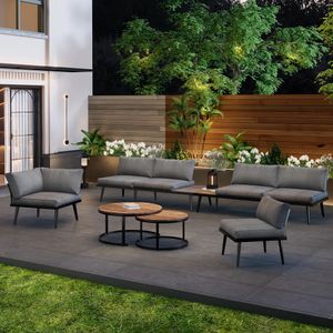 Merax Gartenmöbelset aus Akazienholz, 6-tlg. Sitzgruppe für 6 personen, Lounge Gartenmöbel mit Tisch und Kissen, Terrassenmöbel Loungemöbel Aluminium