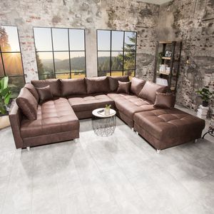 Moderne XXL Wohnlandschaft KENT 305cm braun Sofa mit Schlaffunktion Federkern inkl. Hocker und Kissen
