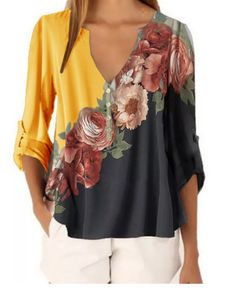 Damen-Blumen-Chiffon-Hemd Mit V-Ausschnitt Und Lässigem Button-Top,Farbe: Gelb,Größe:L