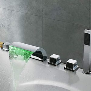 LED Badewannenarmatur Waschbecken WasserhäHne 5 Loch Bad Wasserfall Armatur Wannenarmatur  Sink Faucets Mit Handbrause Wasserhahn
