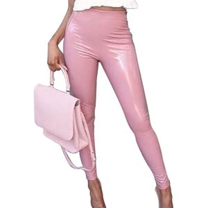 Damen Einfarbige Hautfreundliche Freizeithose Leggings Night Party Lederhose,Farbe:Rosa,Größe:L