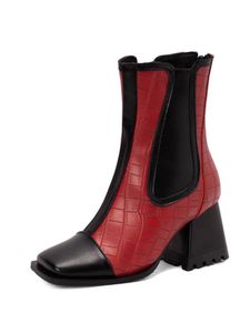 Stiefel  Damen Square Zehenstiefel Formelle Klobige Absatzschuhe Casual Reißverschluss Knöchelstiefel,Farbe:Rot,Größe:41