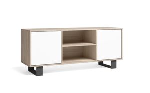 Skraut Home - TV-Möbel 140 mit 2 Türen, Wohnzimmer, Modell WIND, Farbe Gestell Eiche, Farbe Türen Weiß, Maße 137x40x57cm Höhe.