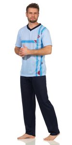 Herren Sommer Pyjama Lange Schlafhose V- T-shirt; Hellblau M