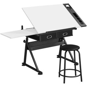 Yaheetech Zeichentisch Architektentisch Schreibtisch Verstellbarer Tischplatte Arbeitstisch mit Hocker und Schubladen Höhenverstellbar für Techniker Architekten Weiß